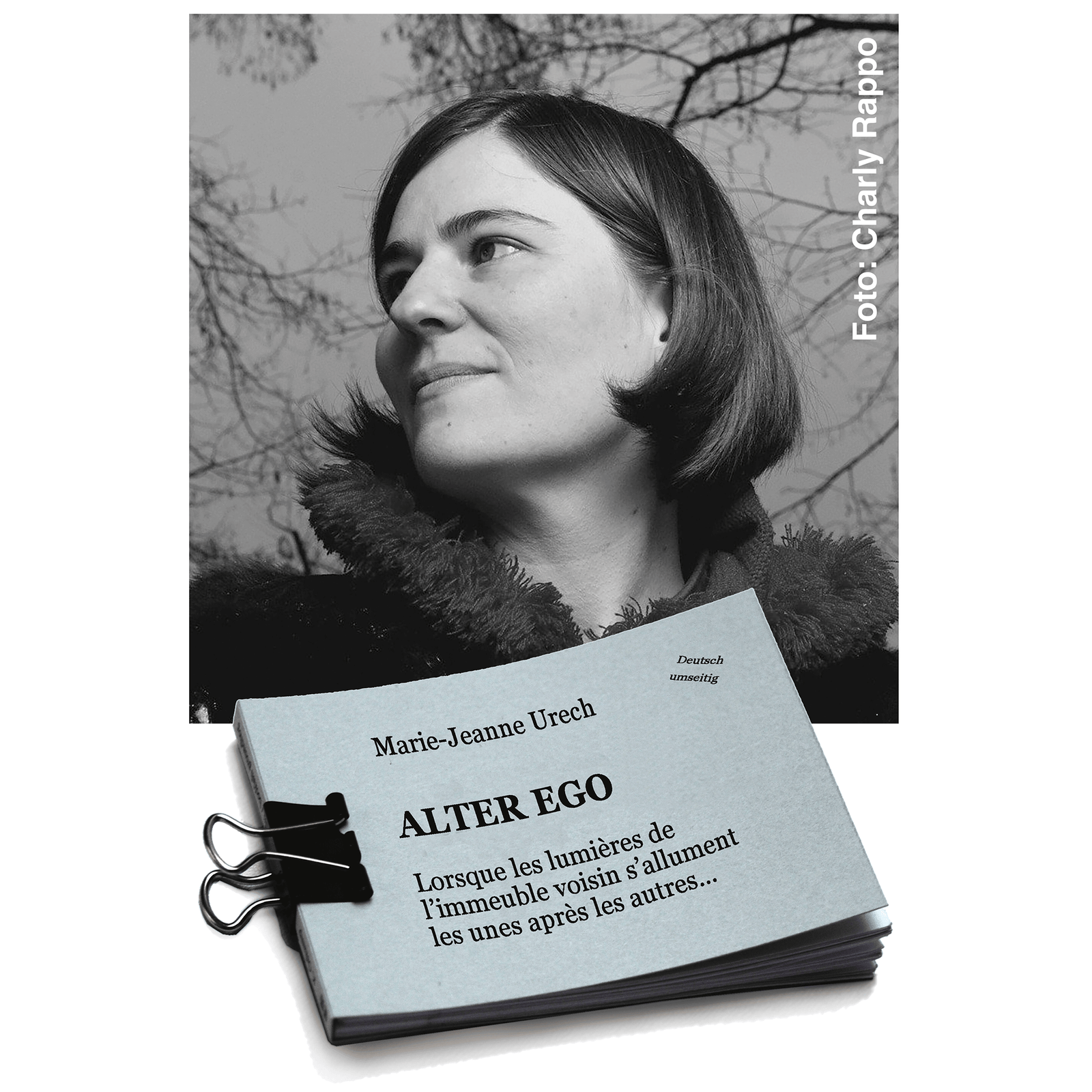 Portrait der Autorin Jeanne-Marie Ulrech, daneben das Buchcover auf Französisch