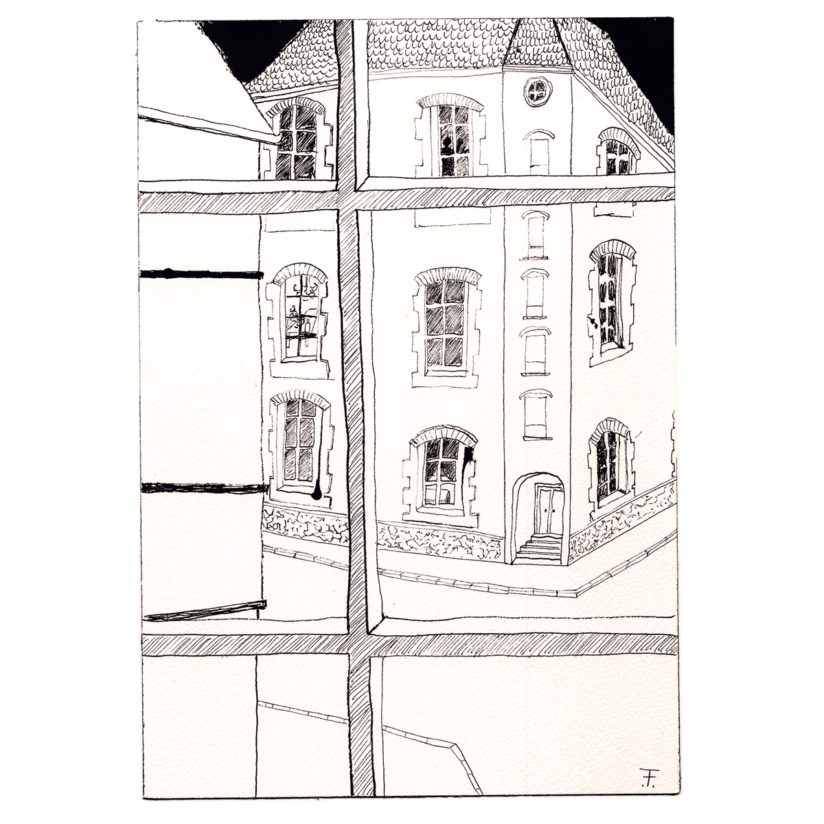 Illustration von Frédéric Farine: Blick aus einem Fenster auf das Nachbarhaus